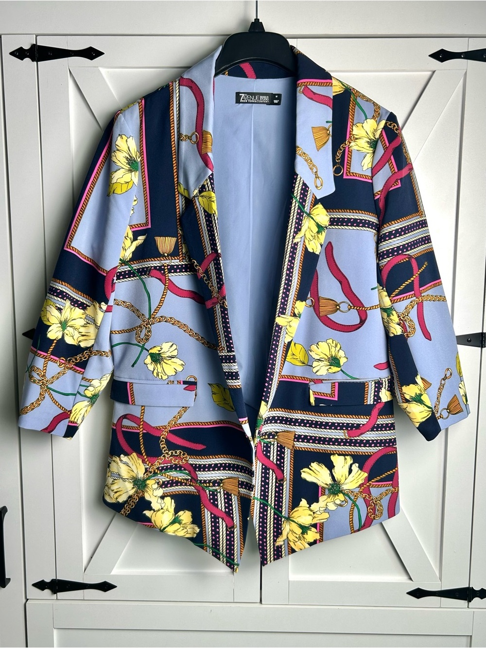 Patterned Open-Front Blazer Jacket - Light Blue & Navy